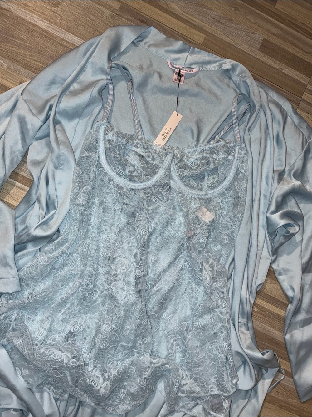 Victoria's Secret Light Blue Lace Camisole and Satin Robe Set